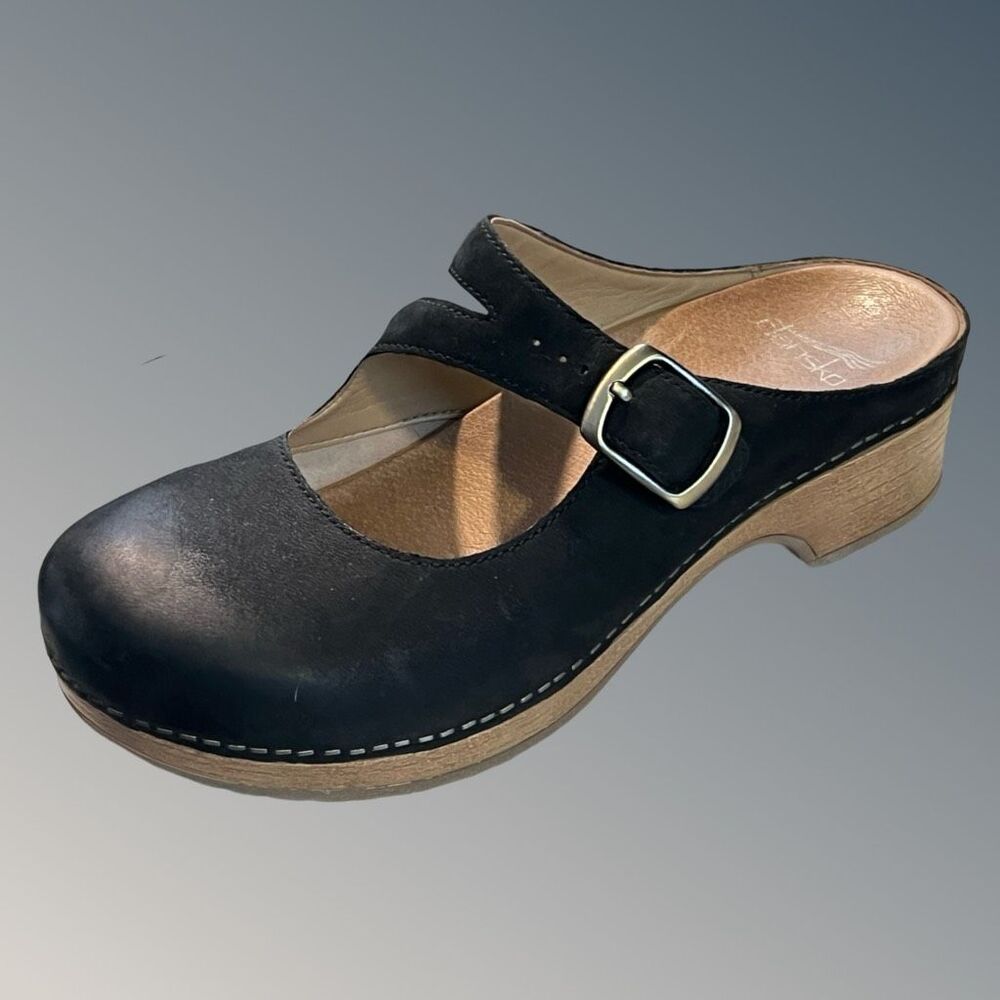 Dansko Black Leather Mules with Wooden Sole